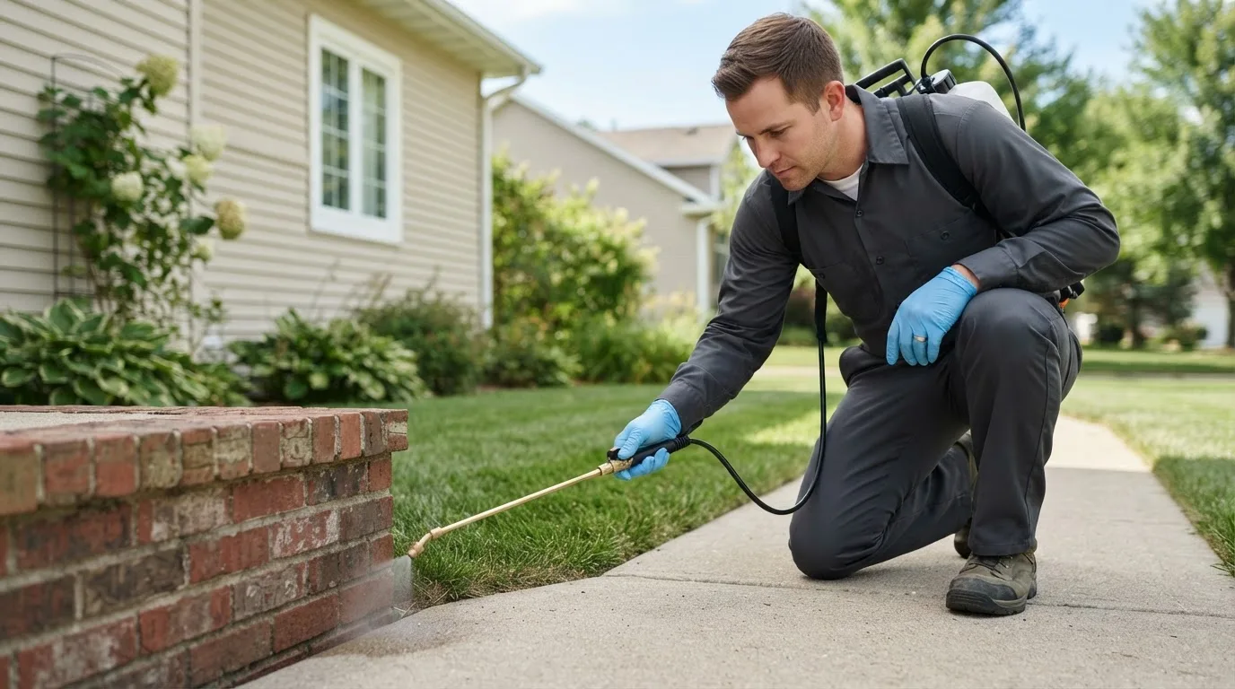 Pest control technician treating a home near Churchton, MD